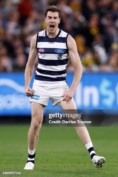 Jeremy Cameron of the Cats celebrates a goal during the round 15 AFL match between the Geelong Cats and the Richmond Tigers at Melbourne Cricket...