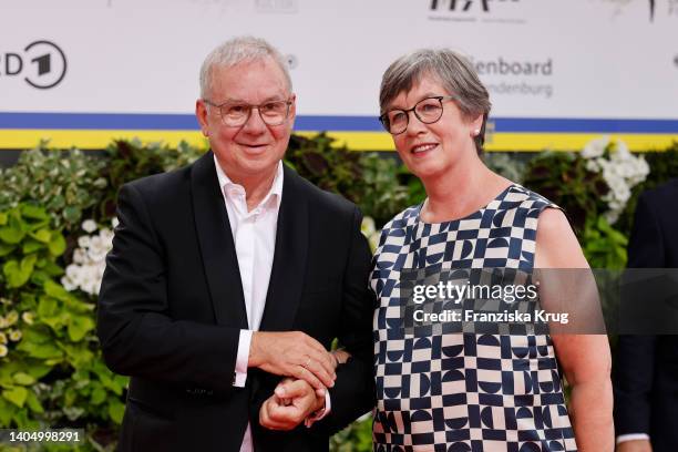 Joachim Krol and Heidrun Teusner Krol arrive for the 72nd Lola - German Film Award at Palais am Funkturm on June 24, 2022 in Berlin, Germany.