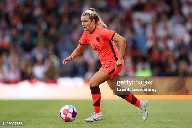 Lauren Hemp of England runs with the ball during the Women's International friendly match between England and Netherlands at Elland Road on June 24,...