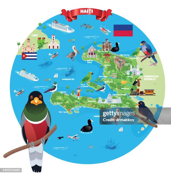 cartoon map of haiti and hispaniolan trogon - shipwreck vector stock illustrations