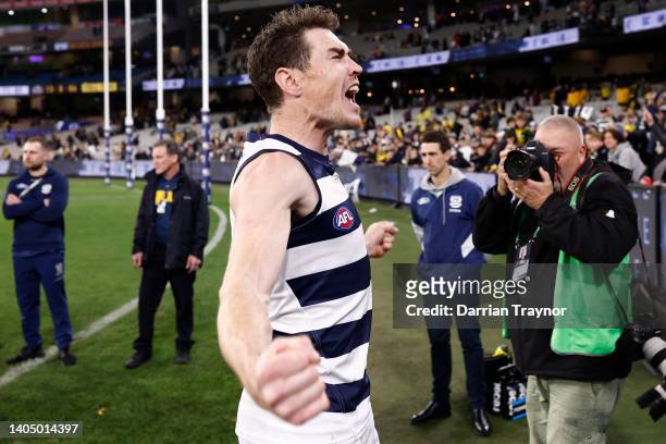 Jeremy Cameron of the Cats reacts after the round 15 AFL match between the Geelong Cats and the Richmond Tigers at Melbourne Cricket Ground on June...