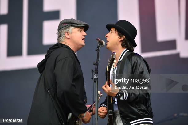 Carl Barât and Pete Doherty of The Libertines perform on the Other stage during day three of Glastonbury Festival at Worthy Farm, Pilton on June 24,...