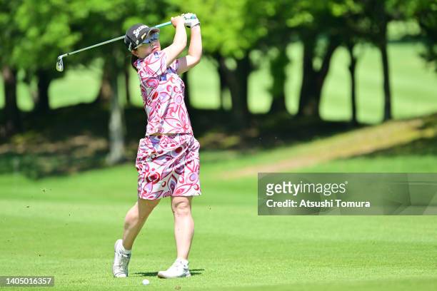 Hiroko Azuma of Japan hits her second shot on the 5th hole during the third round of the Earth Mondamin Cup at Camellia Hills Country Club on June...