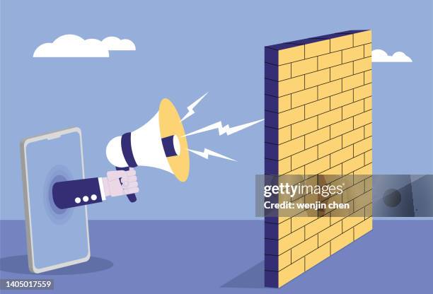 cell phone, loudspeaker, wall - difficult conversation stock illustrations