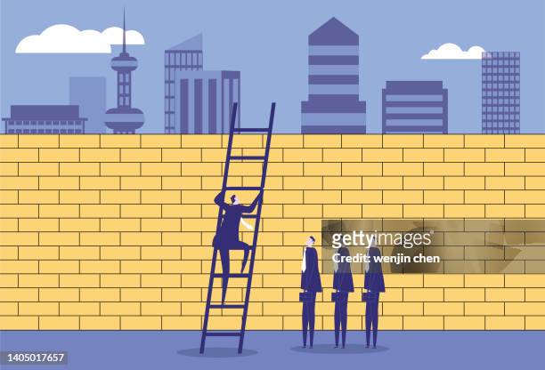 business men use a ladder to climb over the wall. - banging your head against a wall stock illustrations