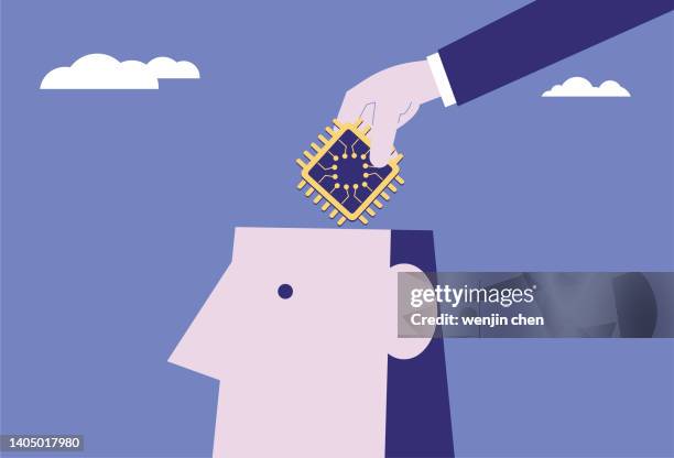 put a chip on a giant's brain - holding computer chip stock illustrations