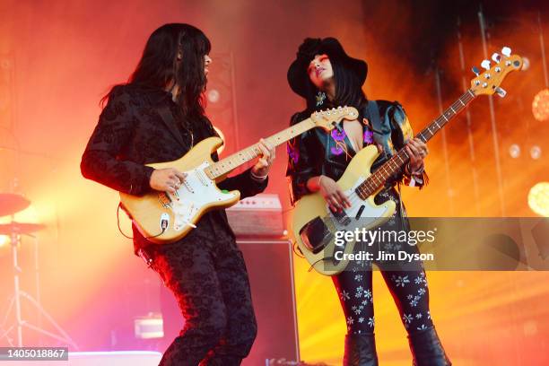 Laura Lee and Mark Speer of Khruangbin perform on the Park stage during day three of Glastonbury Festival at Worthy Farm, Pilton on June 24, 2022 in...