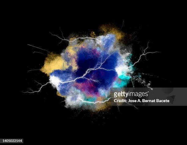 electric explosion with smoke and lightning on an black background. - choque elétrico - fotografias e filmes do acervo