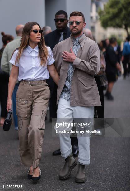 Jessica Biel seen wearing a black sunglasses, a white cotton blouse shirt from Dior, a beige cargo pants and black heels from Dior; Justin Timberlake...