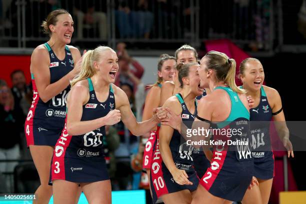 Jo Weston, Liz Watson of the Vixens and team mates celebrate victory at full time during the Super Netball Preliminary Final match between Melbourne...