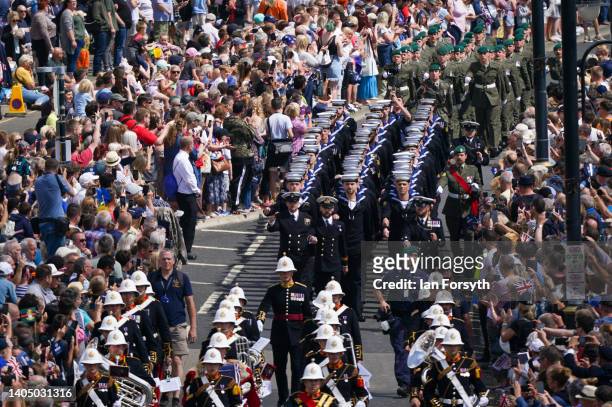 Members of the Armed Forces take part in the military parade during the Armed Forces Day National Event 2022 on June 25, 2022 in Scarborough,...