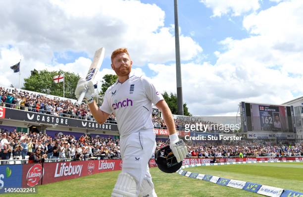 England batsman Jonny Bairstow acknowledges the applause after his innings of 162 during day three of the third Test Match between England and New...