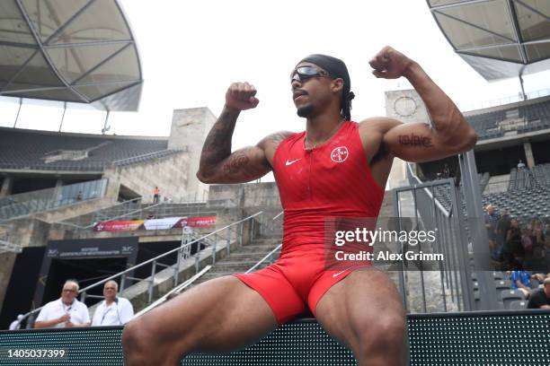 Bo Kanda Lita Baehre of TSV Bayer 04 Leverkusen celebrates winning the Men's Pole Vault event on day 3 of the multi sport event Die Finals at...