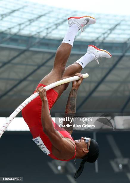 Bo Kanda Lita Baehre of TSV Bayer 04 Leverkusen competes in the Men's Pole Vault event on day 3 of the multi sport event Die Finals at Olympiastadion...