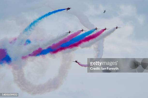 The RAF Red Arrows perform during the Armed Forces Day National Event 2022 on June 25, 2022 in Scarborough, England. Armed Forces Day is an annual...