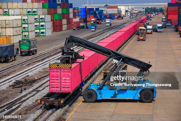 aerial view forklift handling container loading to container train in terminal commercial port or container cargo warehouse for business logistics, import export, shipping or freight transportation. - 貨物列車 ストックフォトと画像
