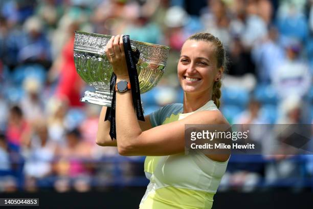 Petra Kvitova of Czech Republic celebrates with the trophy after victory against Jeļena Ostapenko of Latvia during the Women's Final on Day Eight of...