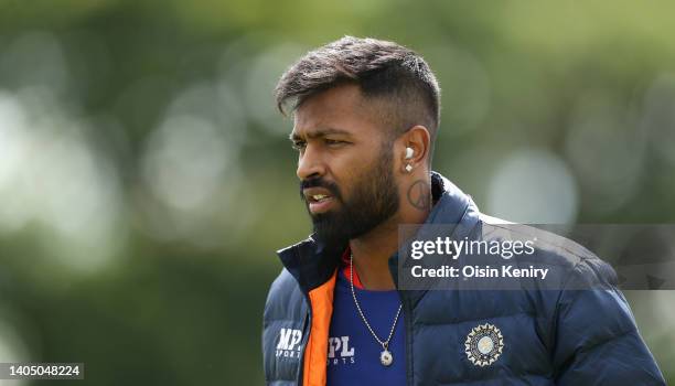 Captain Hardik Pandya during training at Malahide Cricket Club on June 25, 2022 in Dublin, Ireland.