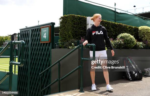 Alison Van Uytvanck of Belgium warms up during their training session ahead of The Championships Wimbledon 2022 at All England Lawn Tennis and...