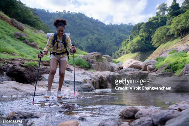 happy female hiking with trekking pole in the nature travel - hiking pole foto e immagini stock
