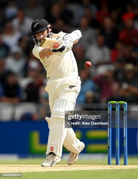 Kane Williamson of New Zealand hits runs during Day Three of the Third LV= Insurance Test Match at Headingley on June 25, 2022 in Leeds, England.