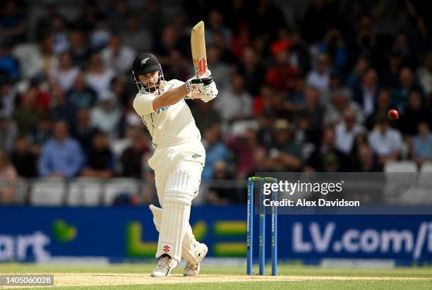 Kane Williamson of New Zealand hits runs during Day Three of the Third LV= Insurance Test Match at Headingley on June 25, 2022 in Leeds, England.