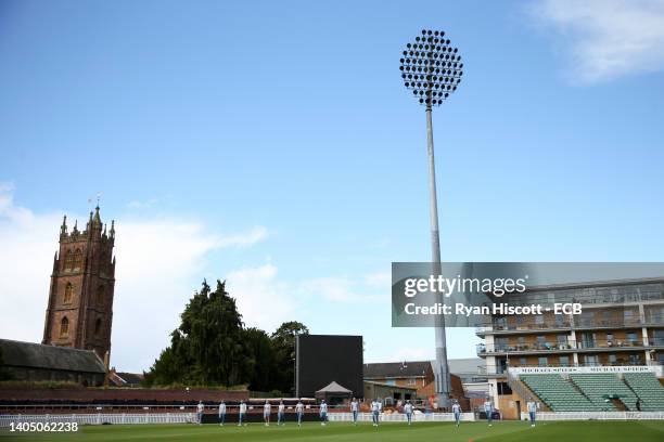 General view as England warms up during an England Women nets session at The Cooper Associates County Ground on June 25, 2022 in Taunton, England.