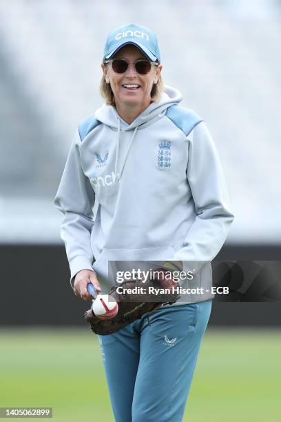 Lisa Keightley, Head Coach of England, looks on during an England Women nets session at The Cooper Associates County Ground on June 25, 2022 in...