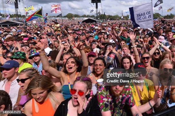 The crowd reacts as AJ Tracey performs on the Pyramid stage during day four of Glastonbury Festival at Worthy Farm, Pilton on June 25, 2022 in...