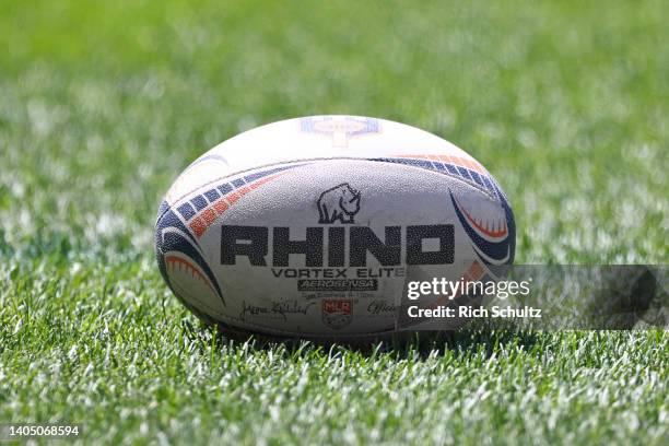 Rugby ball is seen on the field prior to the Major League Rugby Championship between Rugby New York and the Seattle Seawolves at Red Bull Arena on...
