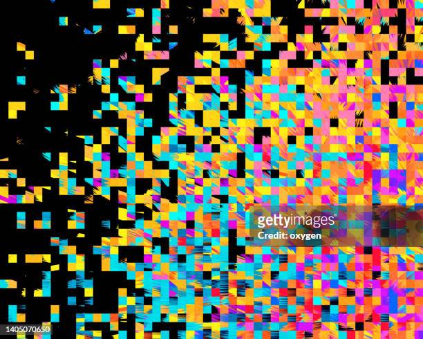 abstract square collage set of blue pink yellow pixel cells pattern on black background - rectangle grid pattern stock pictures, royalty-free photos & images