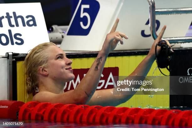 Ruta Meilutyte of Team Lithuania celebrates after picking up Gold in the Women's 50m Breaststroke Final on day eight of the Budapest 2022 FINA World...