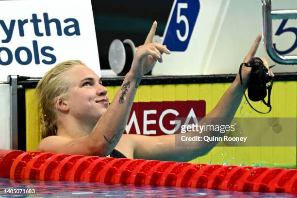 Ruta Meilutyte of Team Lithuania celebrates after picking up Gold in the Women's 50m Breaststroke Final on day eight of the Budapest 2022 FINA World...