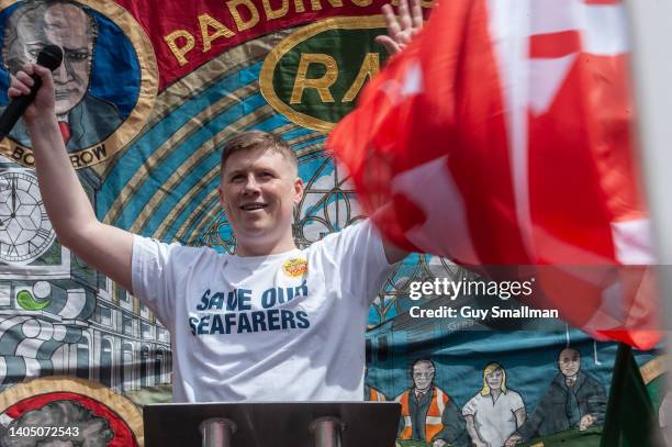 Assistant general secretart Eddie Dempsey addresses the RMT strike rally at Kings cross station on June 25, 2022 in London, United Kingdom. The...