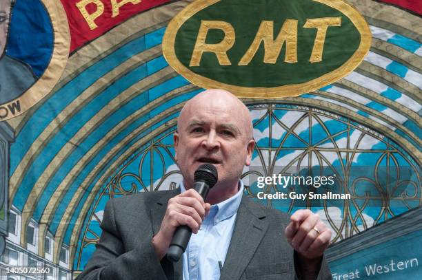 General Secretary Mick Lynch addresses the RMT strike rally at Kings cross station on June 25, 2022 in London, United Kingdom. The biggest rail...