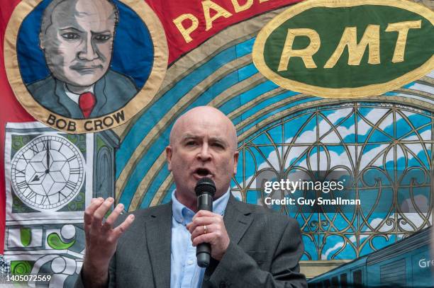 General Secretary Mick Lynch addresses the RMT strike rally at Kings cross station on June 25, 2022 in London, United Kingdom. The biggest rail...