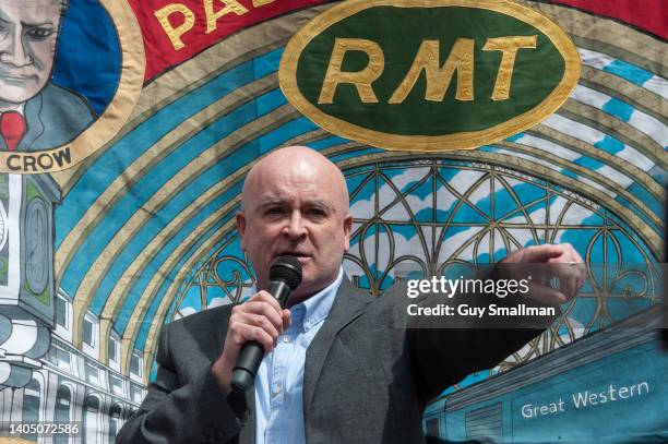 General Secretary Mick Lynch addresses the RMT strike rally at Kings cross station on June 25, 2022 in London, United Kingdom. The biggest rail...