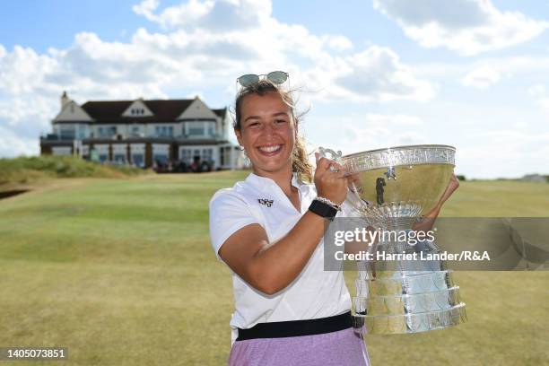 Jessica Baker of Gosforth Park Ladies celebrates with the Women's Amateur Championship Trophy following her victory in the final between Louise...