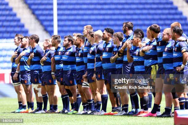Members of Rugby New York stand during the national anthem prior to the Major League Rugby Championship against the Seattle Seawolves at Red Bull...