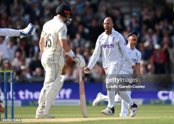 Jack Leach of England celebrates dismissing Henry Nicholls of New Zealand during day three of the Third LV= Insurance Test Match between England and...