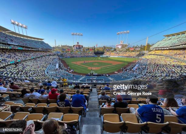 The view of Dodger Stadium looking behind home plate from the loge level is viewed on June 16, 2022 in Los Angeles, California. Millions of tourists...