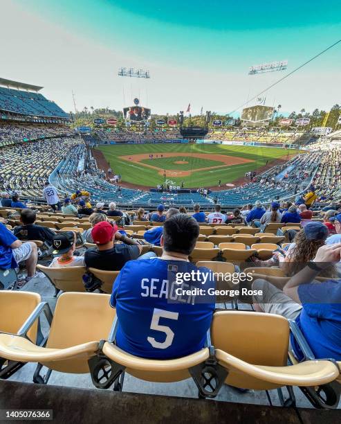 The view of Dodger Stadium looking behind home plate from the loge level is viewed on June 16, 2022 in Los Angeles, California. Millions of tourists...