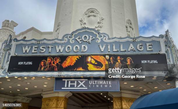 The Fox Westwood Village Theater, currently playing Jurassic World Dominion, is viewed on June 16, 2022 in Los Angeles, California. Millions of...