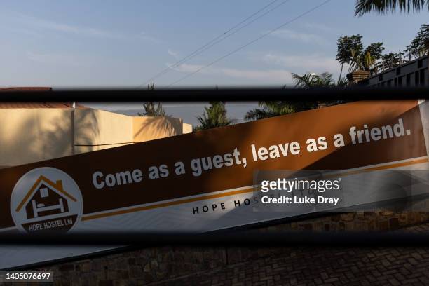 Welcome sign at the entrance of Hope Hostel as seen on June 24, 2022 in Kigali, Rwanda. Hope Hostel is set to host asylum seekers sent from the UK in...