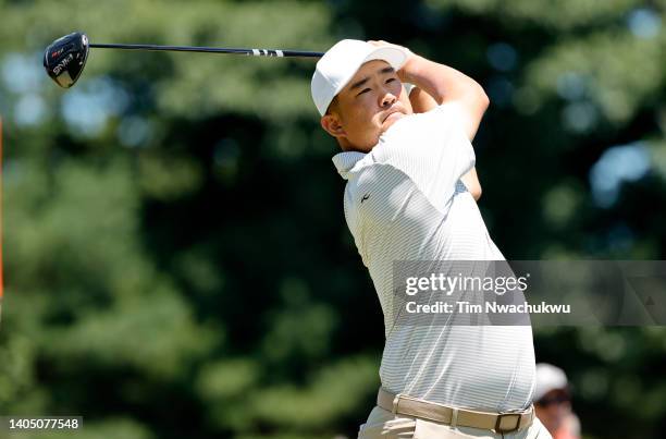 John Huh of the United States plays his shot from the first tee during the third round of Travelers Championship at TPC River Highlands on June 25,...