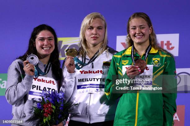 Silver medalist, Benedetta Pilato of Team Italy, Gold medalist, Ruta Meilutyte of Team Lithuania and Bronze medalist, Lara van Niekerk of Team South...