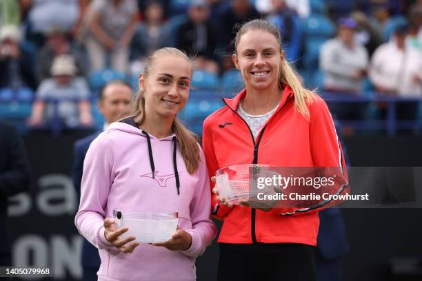 Aleksandra Krunic of Serbia and Magda Linette of Poland pose for a photo after winning their women's doubles final against Lyudmyla Kichenok of...