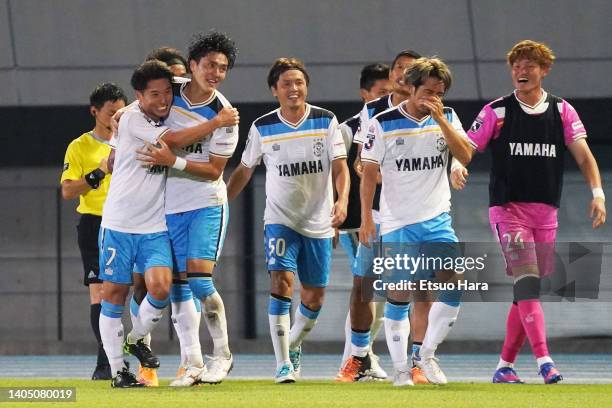 Makito Ito of Jubilo Iwata celebrates scoring his side's first goal during the J.LEAGUE Meiji Yasuda J1 18th Sec. Match between Kawasaki Frontale and...