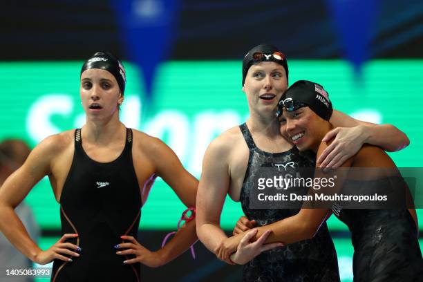 Regan Smith, Lilly King and Torri Huske celebrate after picking up Gold in the Women's 4x100m Medley Relay Final on day eight of the Budapest 2022...