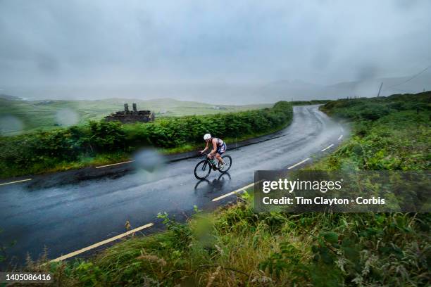 Ellen Vitting during the cycle leg while winning the female category of the Olympic Distance competition in torrential rain during the Ballinskelligs...